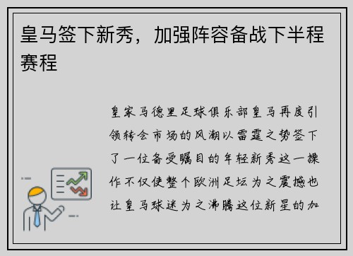 皇马签下新秀，加强阵容备战下半程赛程